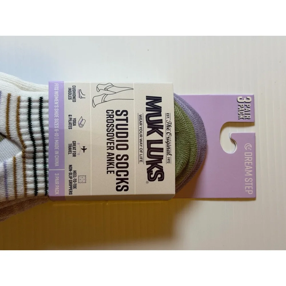 MUK LUKS Studio Socks Crossover Ankle Green Purple Striped Yoga Pilates 6-10
